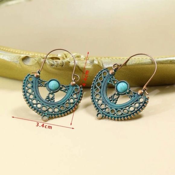 Turquoise and Patina Brass Boho Hoop Earrings - Picture 3 of 4